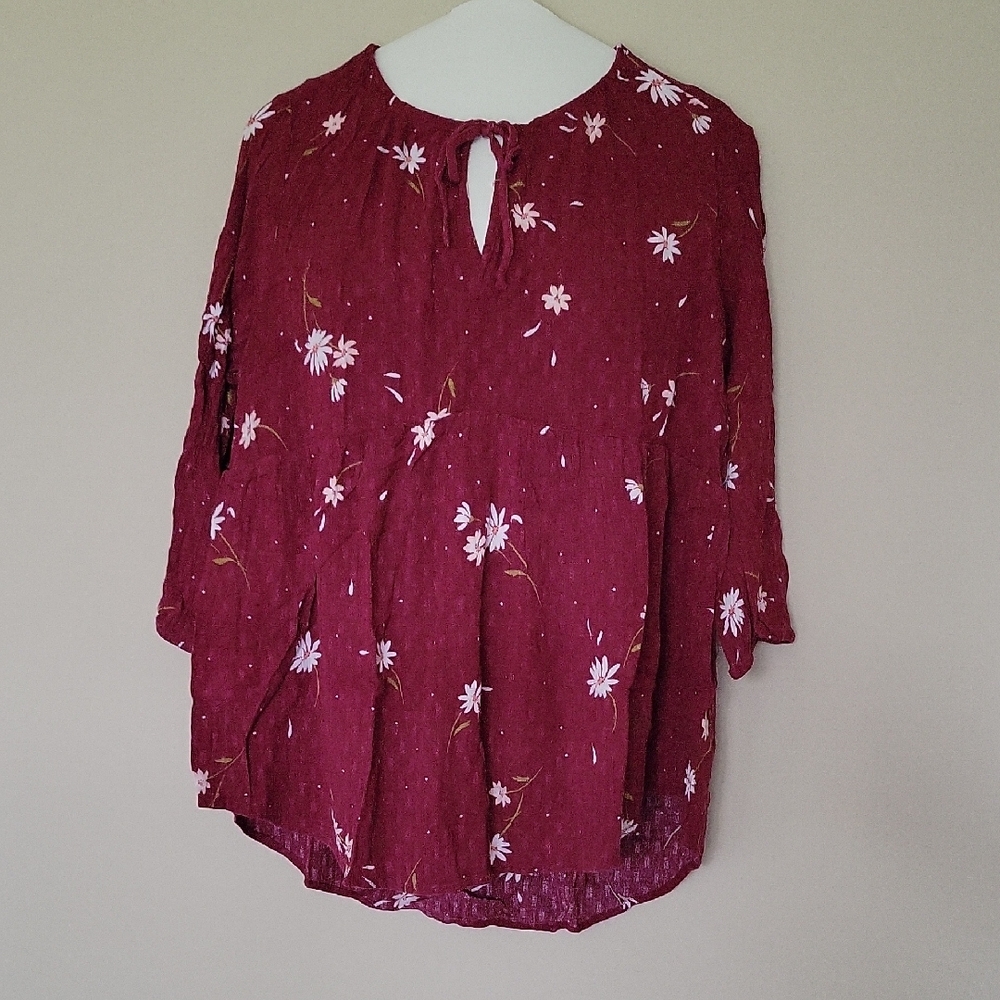 Torrid Red 3/4 Sleeve Tie Front Blouse with Mandarin Collar